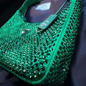Prada Emerald Green Satin Crystal Mini Re-Edition Bag